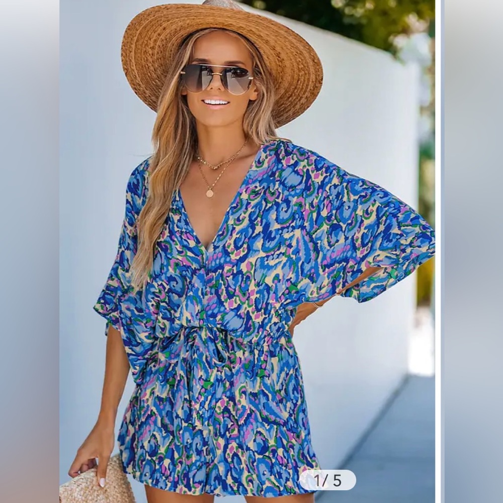 Cupshe NWT L blue pink pattern dolman sleeves elastic waist romper coverup